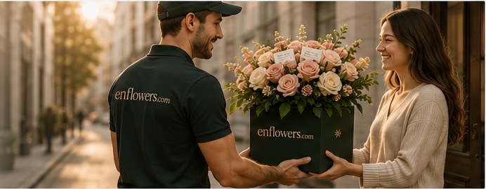 An enflowers courier hand-delivering a bouquet to a recipient