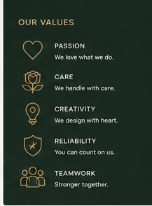 Our values: passion, care, creativity, reliability, teamwork