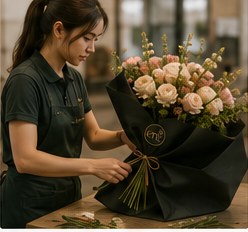 An enflowers florist wrapping a bouquet in black paper