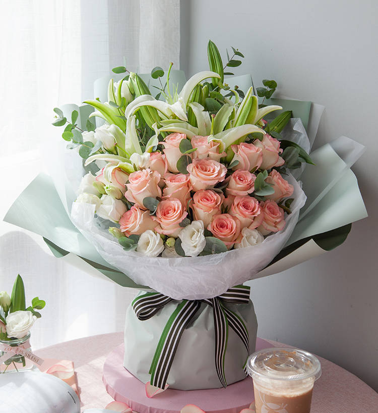 Nineteen Roses & White Perfume Lilies & White Lisianthus Bouquet