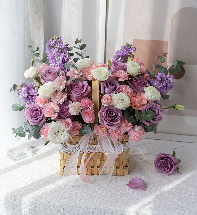 Four Purple Roses & Eucalyptus & Stock Flowers Bouquet