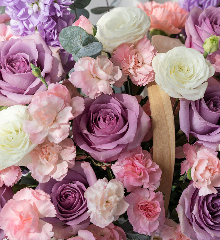 Four Purple Roses & Eucalyptus & Stock Flowers Bouquet — alternate view