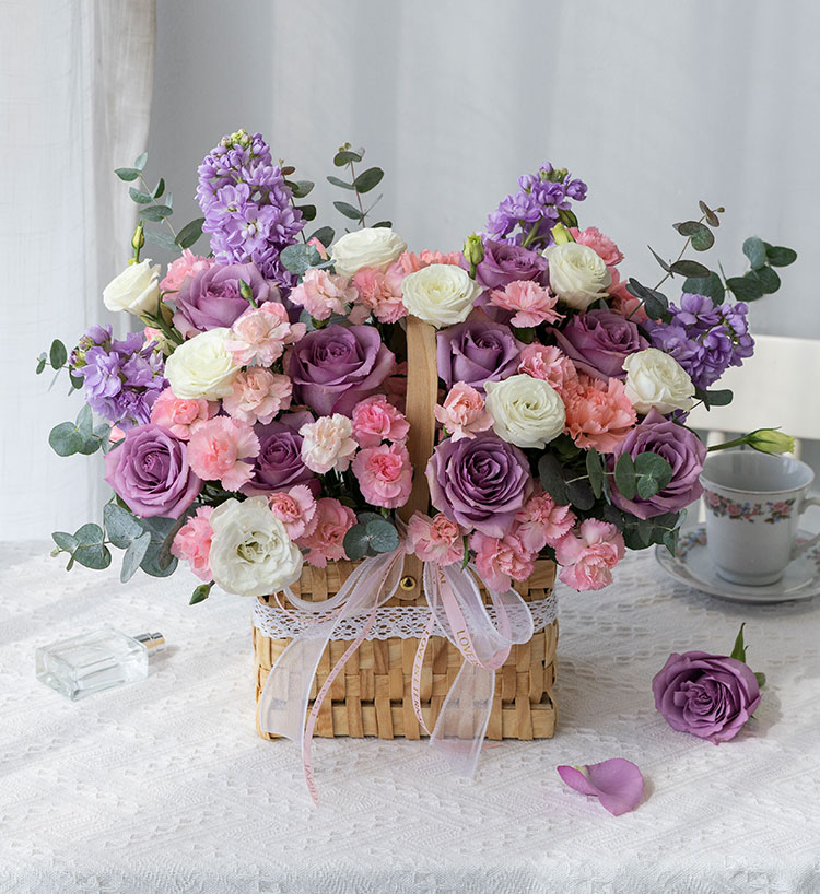 Four Purple Roses & Eucalyptus & Stock Flowers Bouquet — alternate view
