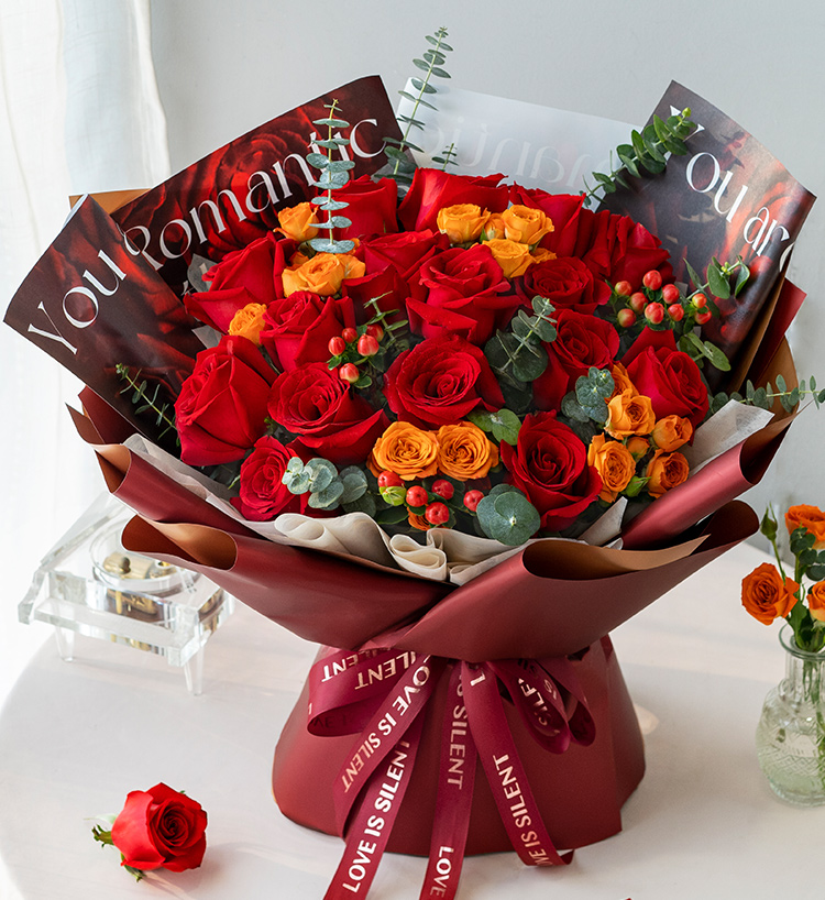 Sixteen Orange Roses & Eucalyptus Bouquet