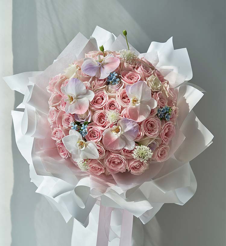 Fifty-two White Roses & Blue Star Flowers & White Pride Roses Bouquet