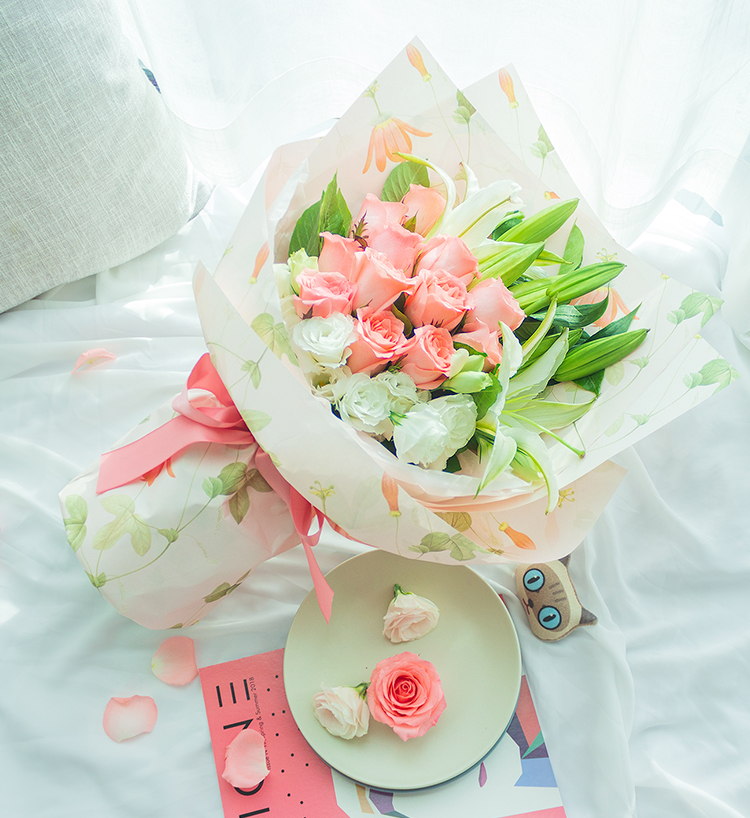 Eleven Roses & White Perfume Lilies & White Lisianthus Bouquet — alternate view