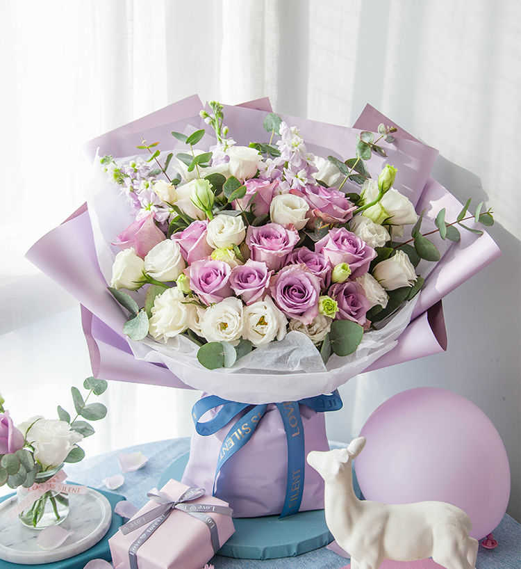 Eleven Roses & White Lisianthus & Stock Flowers Bouquet