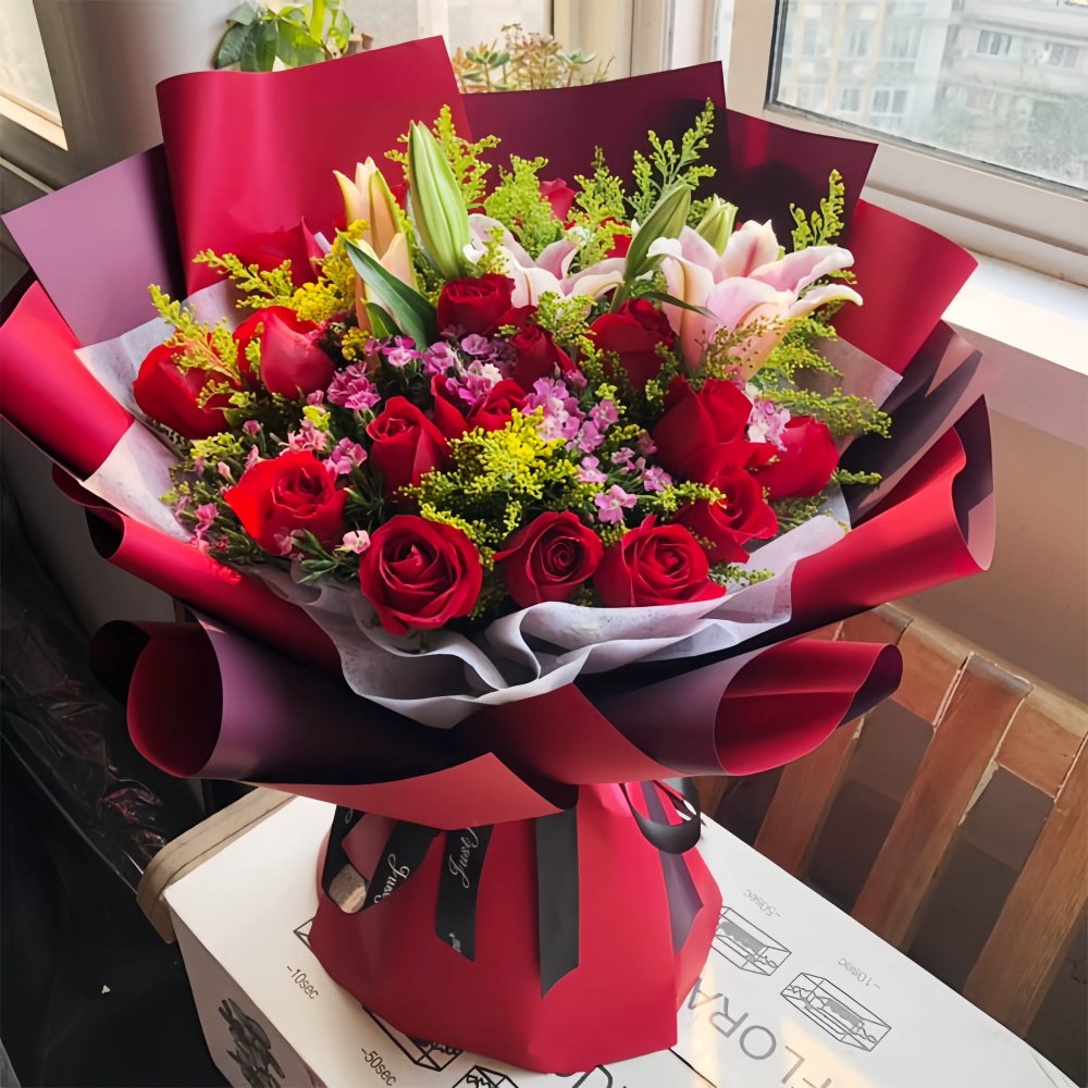 Eleven Red Roses & Pink Lilies Bouquet