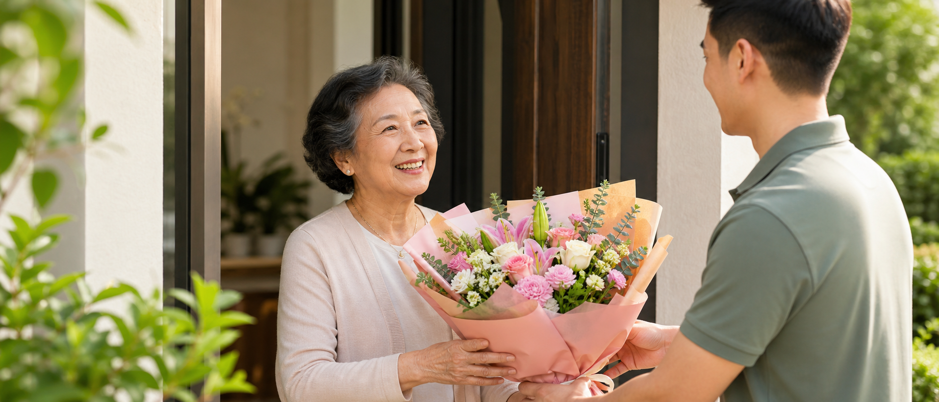 An elderly woman in China smiling as she receives a hand-delivered bouquet of fresh flowers