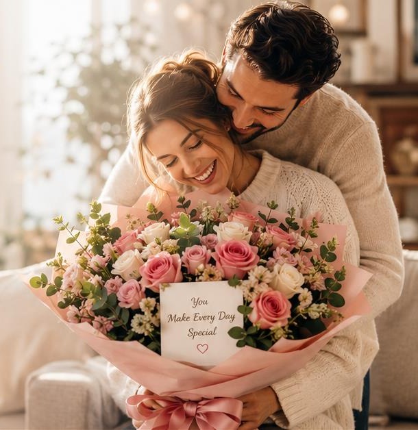 A couple holding a fresh bouquet of roses, smiling together